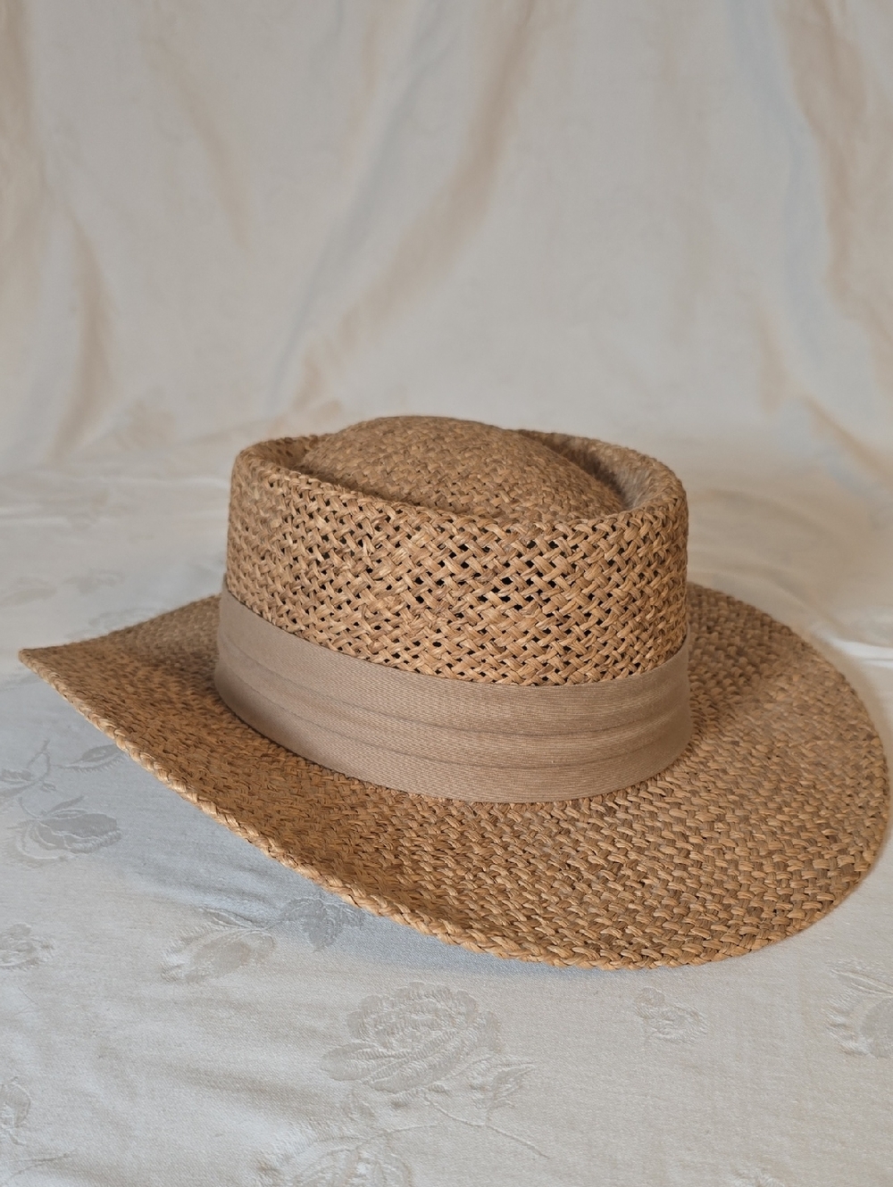 Peter Grimm Natural Brown Straw Fedora Panama‎ Hat with Tan Band One Size